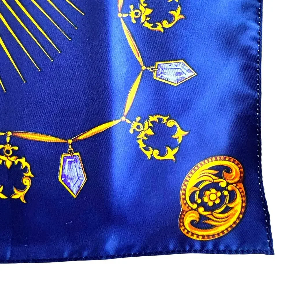 Royal blue & gold silky large square scarf tiaras jewelry gems motif rich luxury
